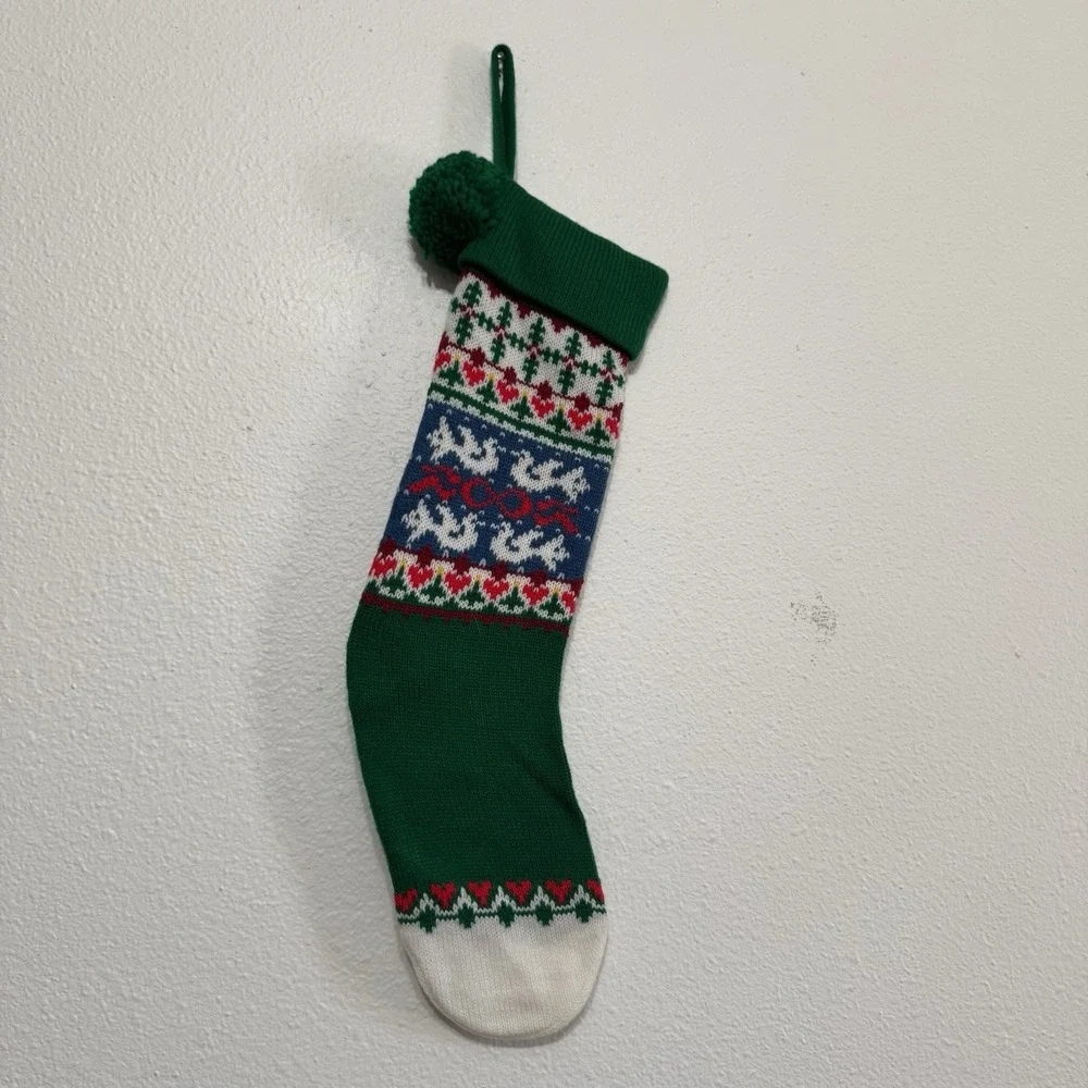 Vintage Green Blue Red White Fairisle Knit Christmas‎ Stocking Classic
